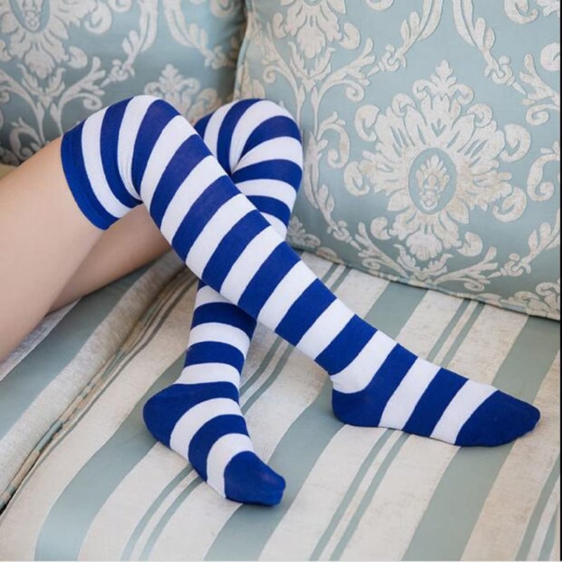 DAZCOS Striped Thigh High Socks Elastic Over The Knee Knit Stockings for Daily or Anime Cosplay (Blue + White) - Image 5